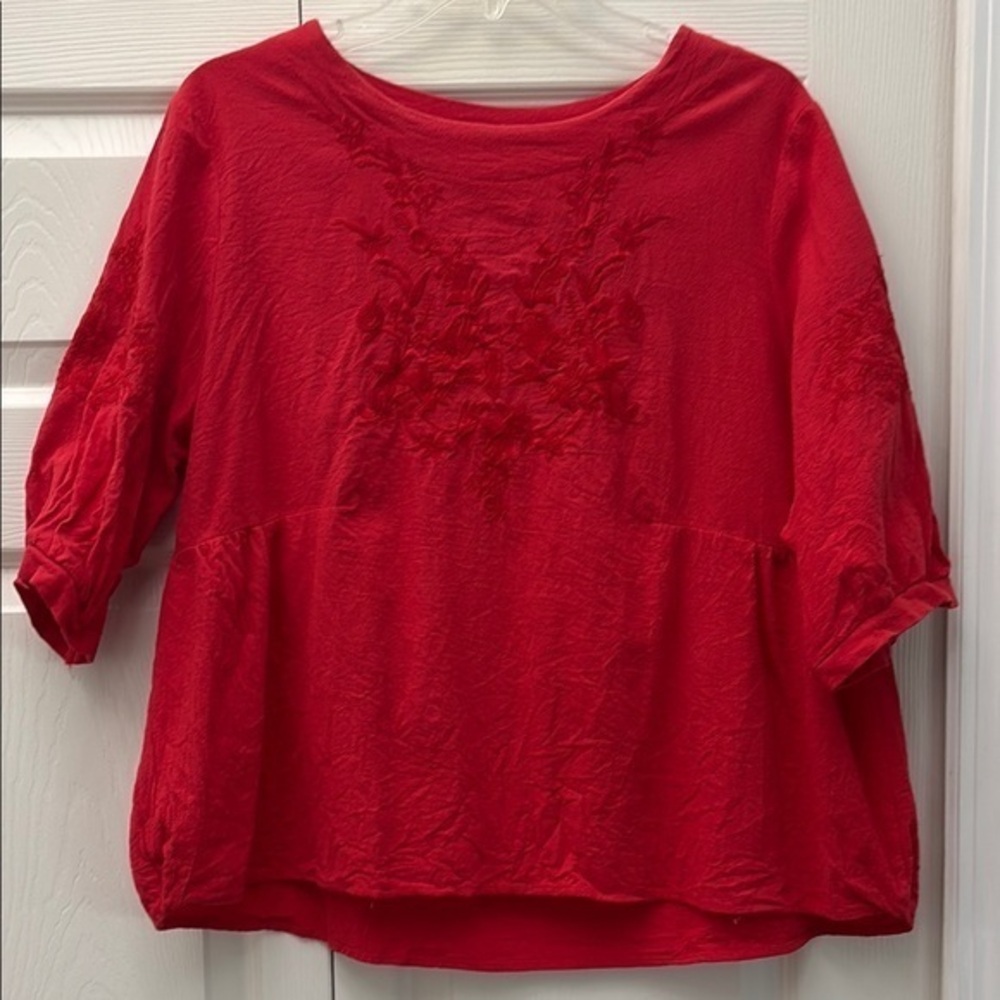 Women's 100% Linen 3/4 Sleeve Round Neck Embroidery, red